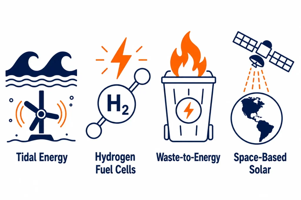 Infographic of emerging power generation technologies: tidal energy, hydrogen fuel cells, waste-to-energy, and space-based solar.