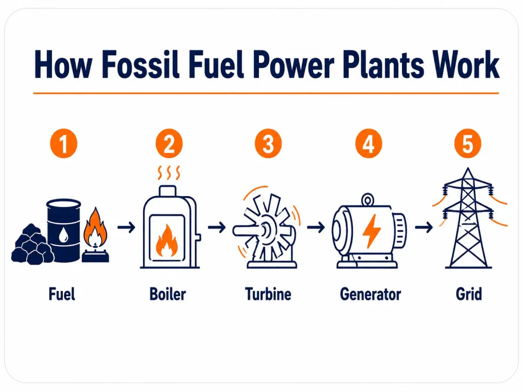 Diagram of fossil fuel power generation showing fuel, boiler, turbine, generator, and grid.