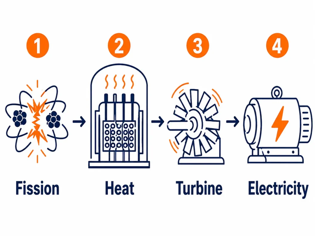 Diagram of nuclear power generation showing fission, heat, turbine, and electricity.
