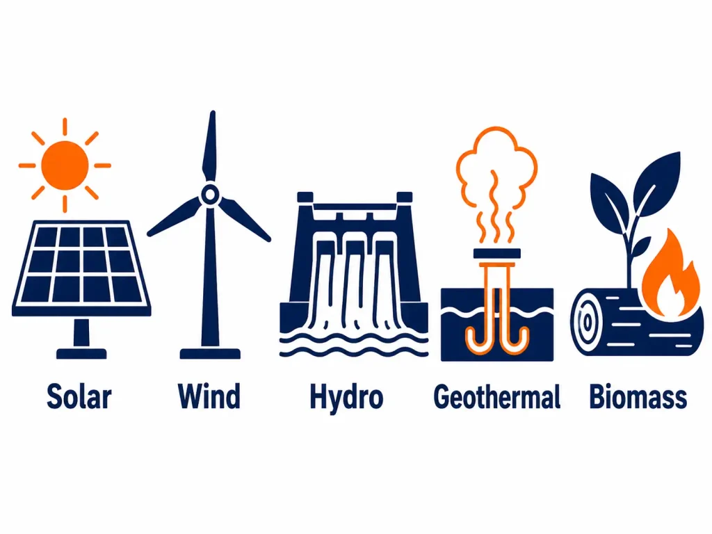 Infographic of the 5 main renewable energy power generation sources: solar, wind, hydro, geothermal, and biomass.