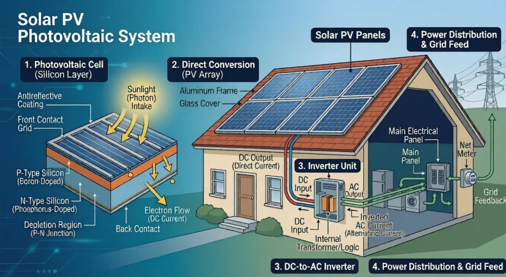 A technical diagram of a solar PV system that shows the panels on the roof, a DC-to-AC inverter, and the electrical panel in the house.