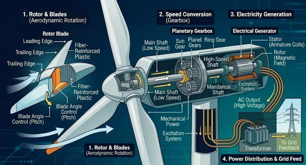A view inside a wind turbine nacelle that shows the rotor blades, planetary gearbox, and electrical generator parts.