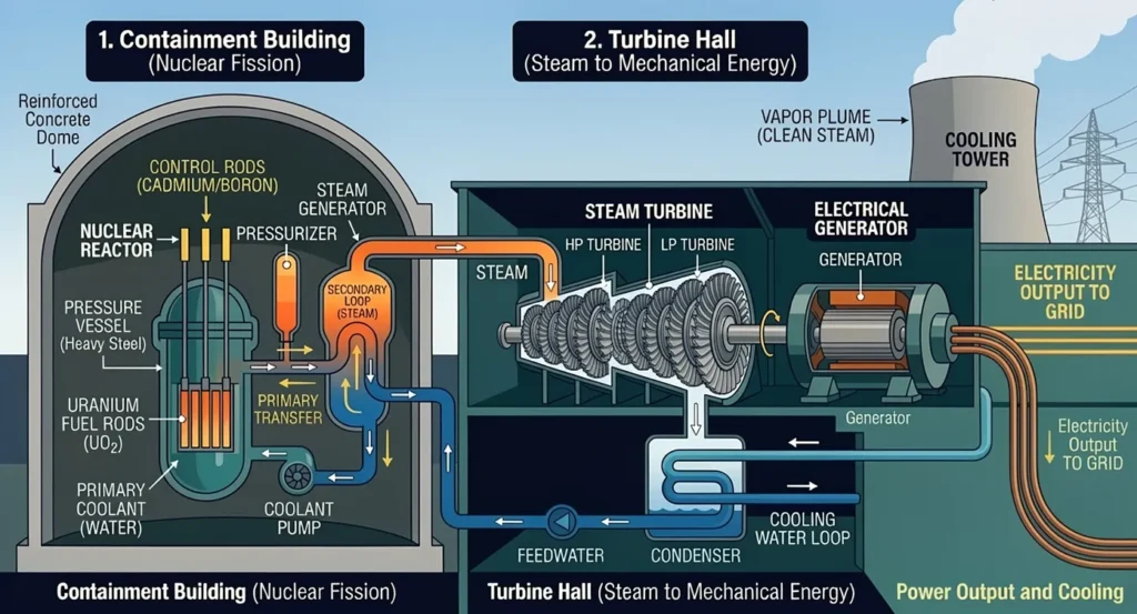 Diagram of a nuclear power plant showing the reactor core, steam generator, turbine hall, and cooling tower.