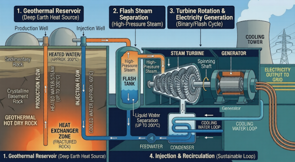 Using Earth's heat to make geothermal power, this process shows production wells, flash steam separation, and turbine rotation.