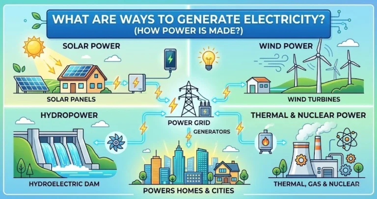 Image of different ways to generate electricity, including solar panels, wind turbines, and hydro dams.