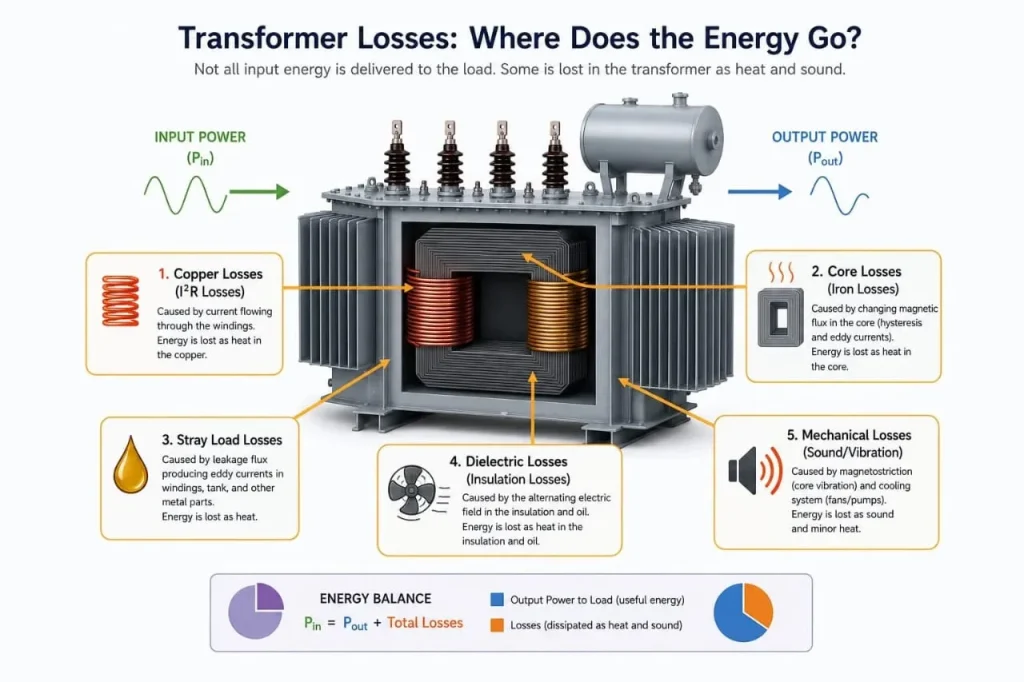 This picture explains how a transformer works. Principle, Types & Complete Guide to Transformer Losses: Where Does the Energy Go?