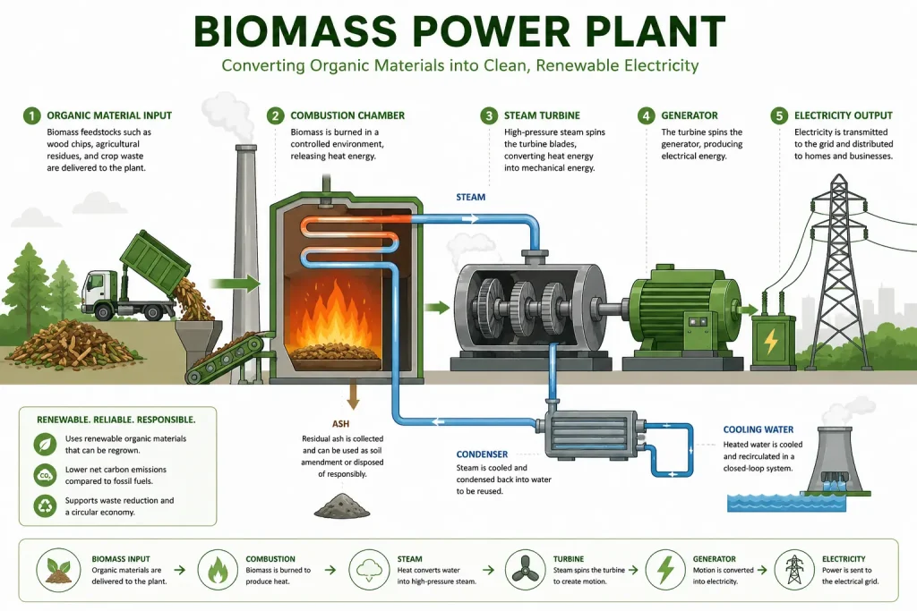 Biomass power plant diagram showing how organic materials are converted into electricity