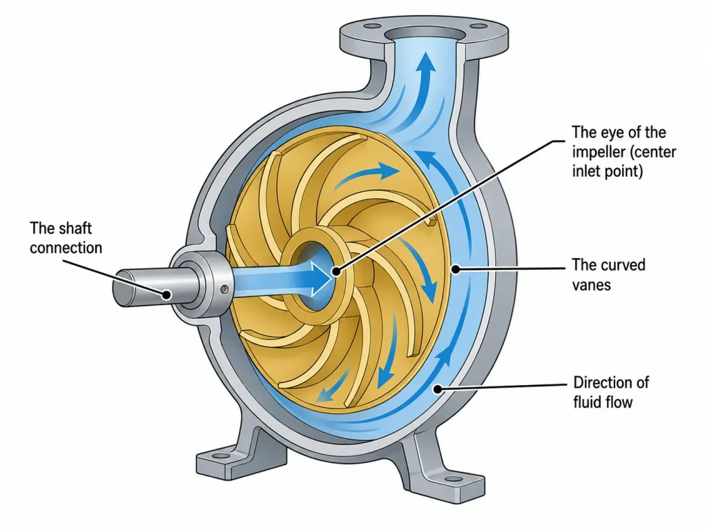 Centrifugal pump impeller diagram showing the eye, curved vanes, shaft connection, and fluid flow direction