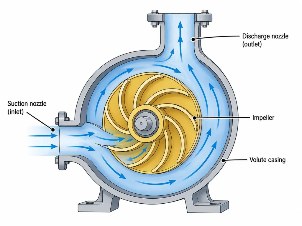 Centrifugal pump volute casing diagram showing the suction nozzle, impeller, and discharge nozzle