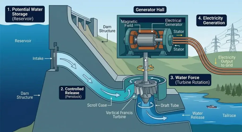 This is an engineering diagram showing a cross-section of a hydroelectric dam, including the water reservoir, penstock, turbine, and power generator.