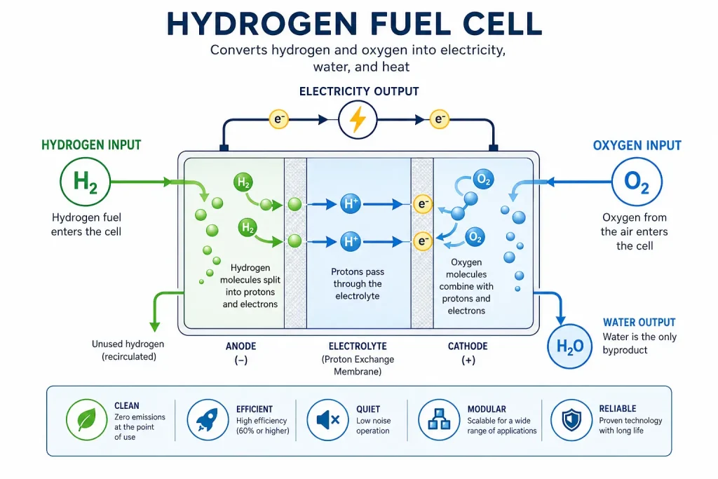Hydrogen fuel cell diagram showing how hydrogen and oxygen produce electricity