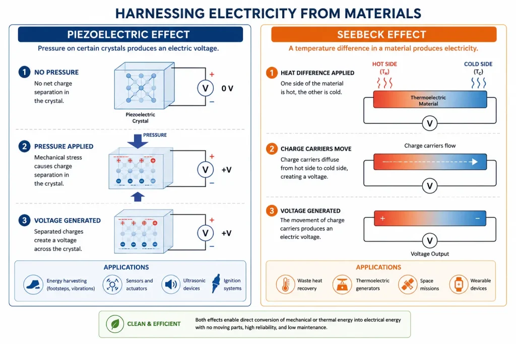 Piezoelectric and Seebeck effect diagram showing how pressure and heat difference generate electricity
