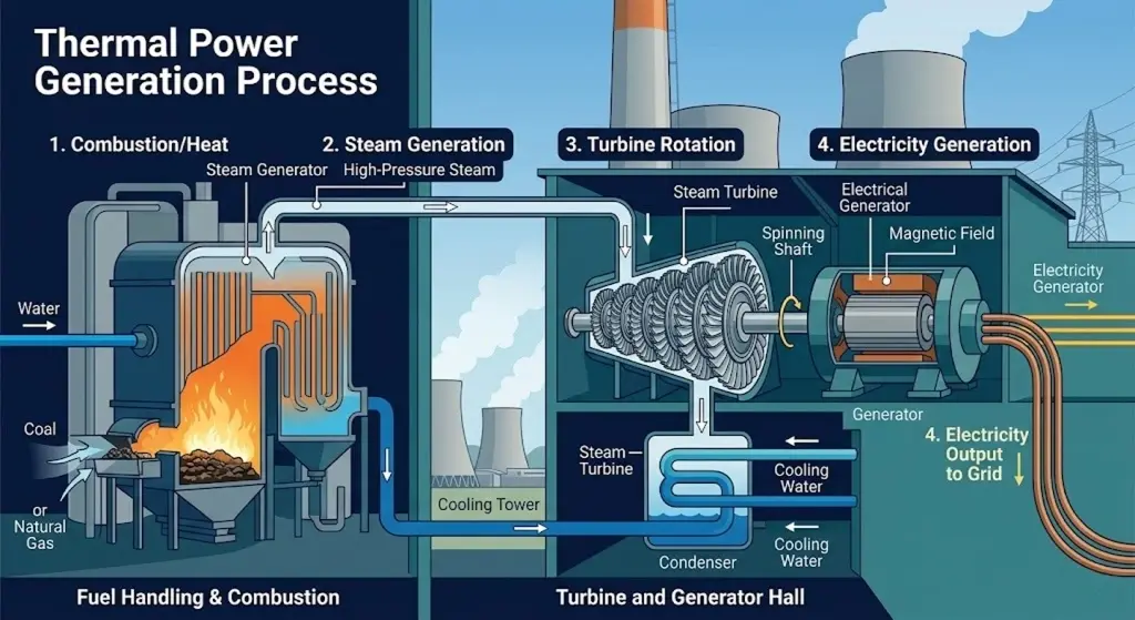 Diagram of the thermal power plant electricity generation process, showing fuel combustion, steam turbine rotation, and the electrical generator producing power for the grid.