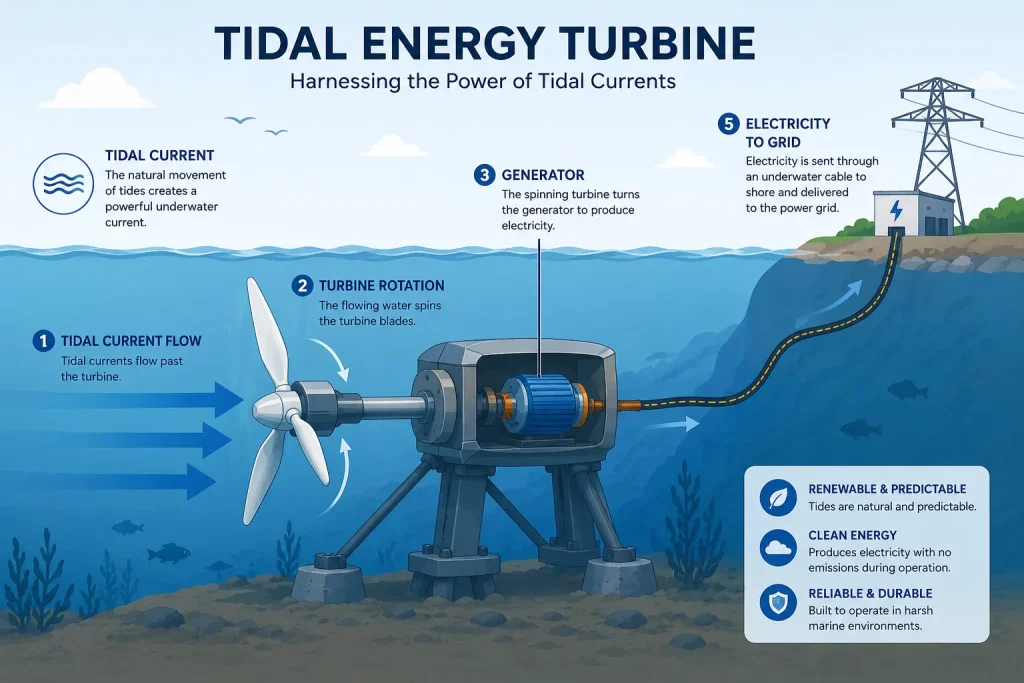 Tidal energy turbine diagram showing how tidal currents generate electricity