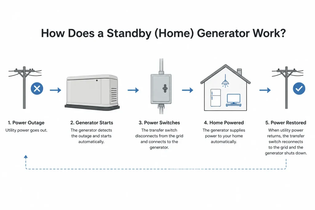 How does a standby home generator work? 5-step diagram showing power outage to automatic restoration