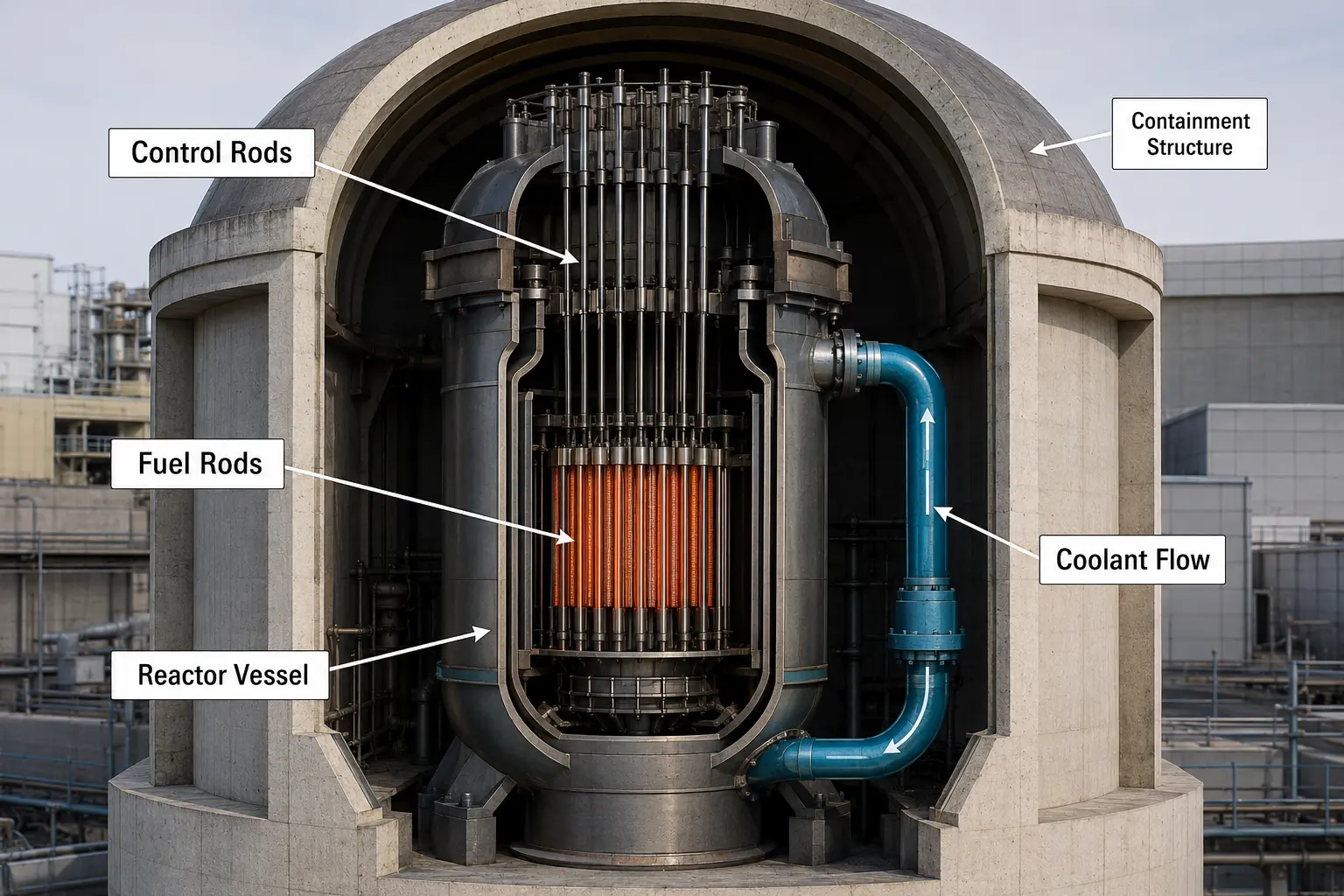 diagram of a nuclear reactor showing control rods, fuel rods, reactor vessel, coolant flow and containment structure
