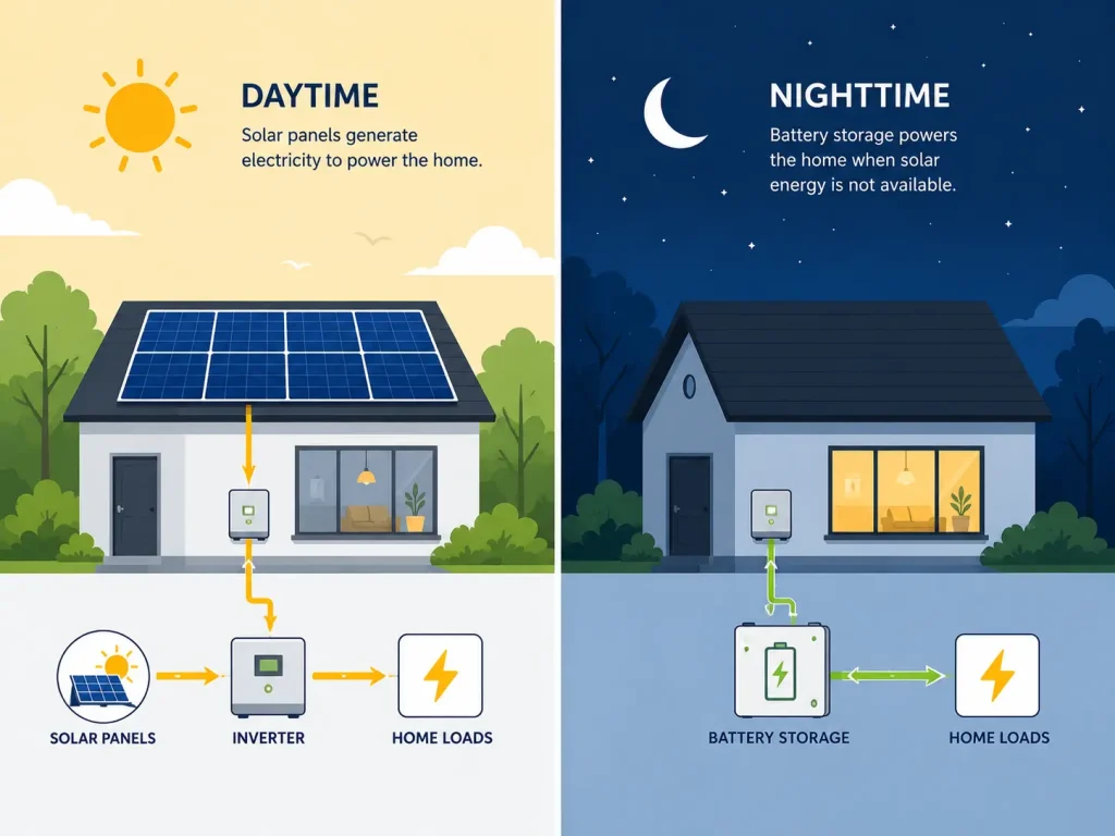 How solar panels work during the day and night.