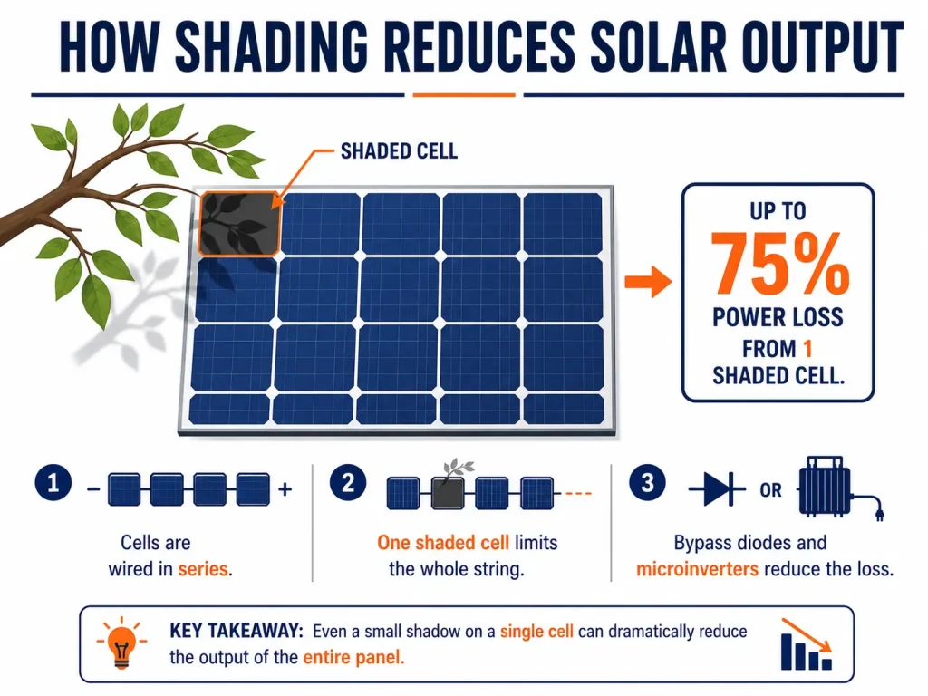 How one shaded cell reduces solar panel electricity output.