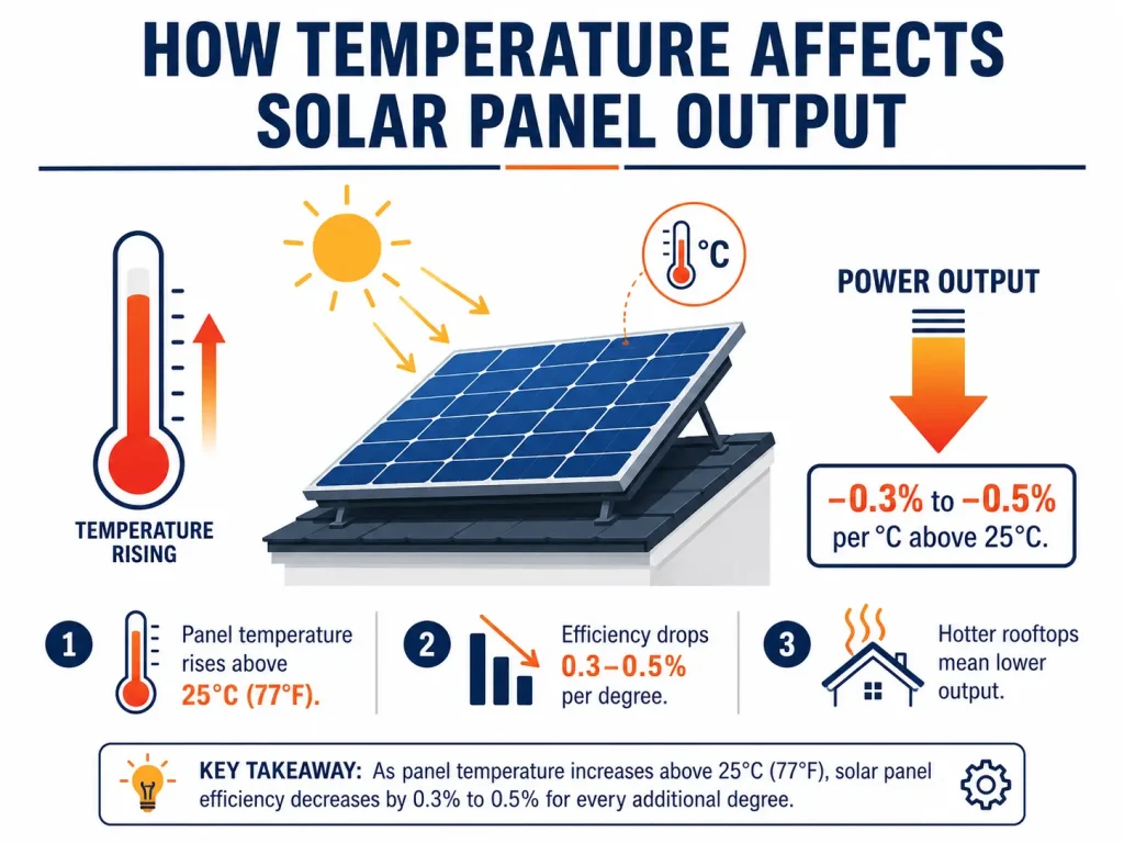 How rising temperature reduces solar panel power output.