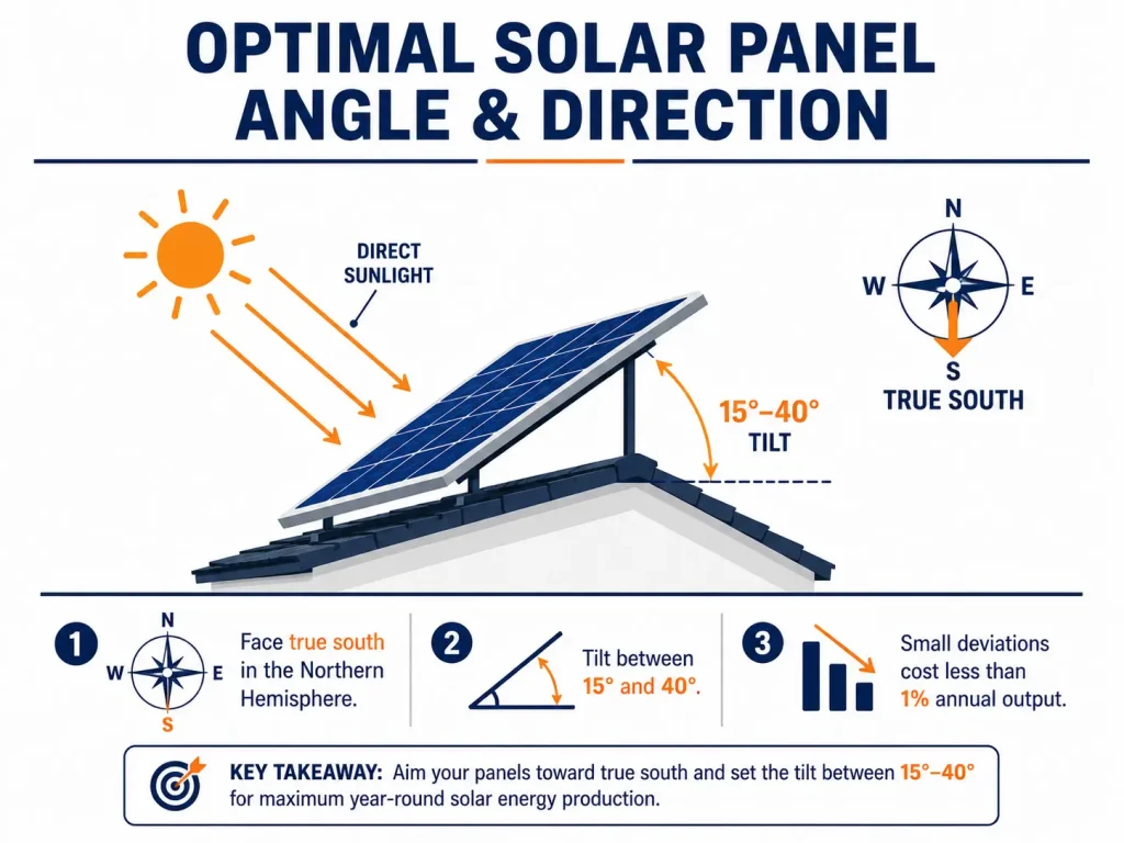 Optimal solar panel tilt angle and true south orientation.