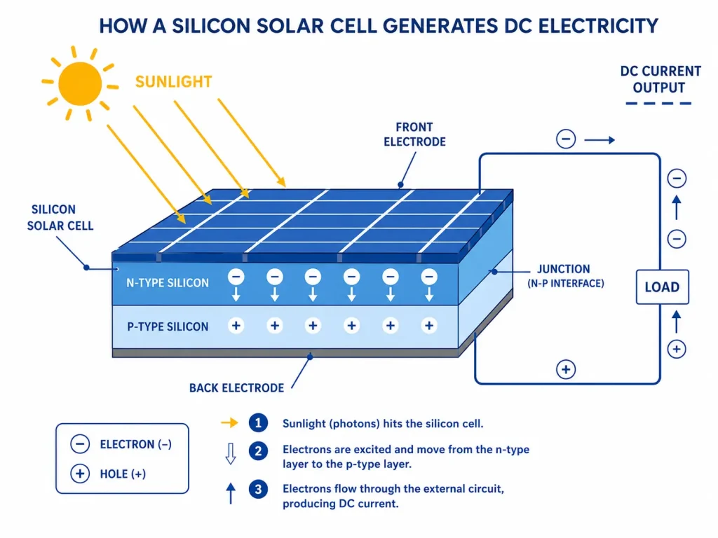 Diagram explaining how solar panels work through the photovoltaic effect.