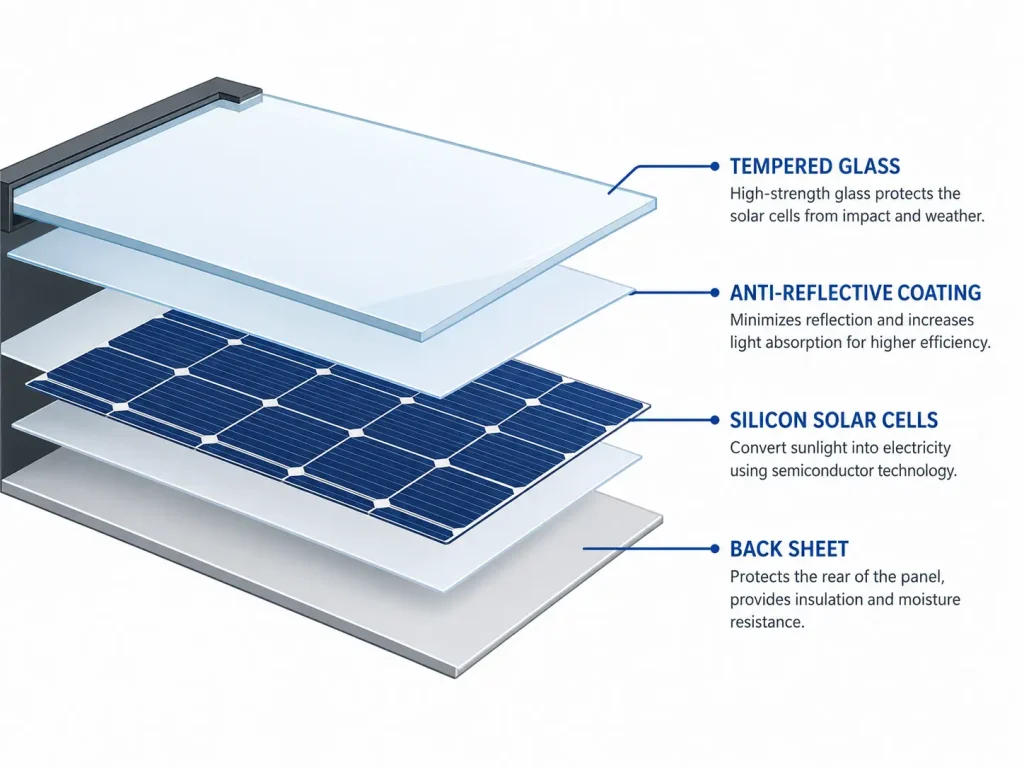 Cross-section showing the internal layers of a solar panel.