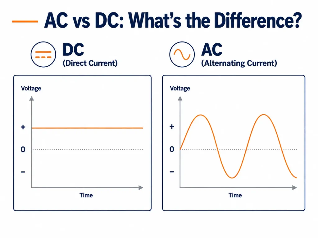 AC vs DC electricity comparison diagram showing ac and dc voltage waveforms.