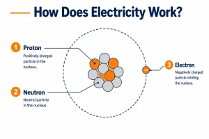 Diagram showing how electricity works at the atomic level with labeled proton, neutron, and electron.