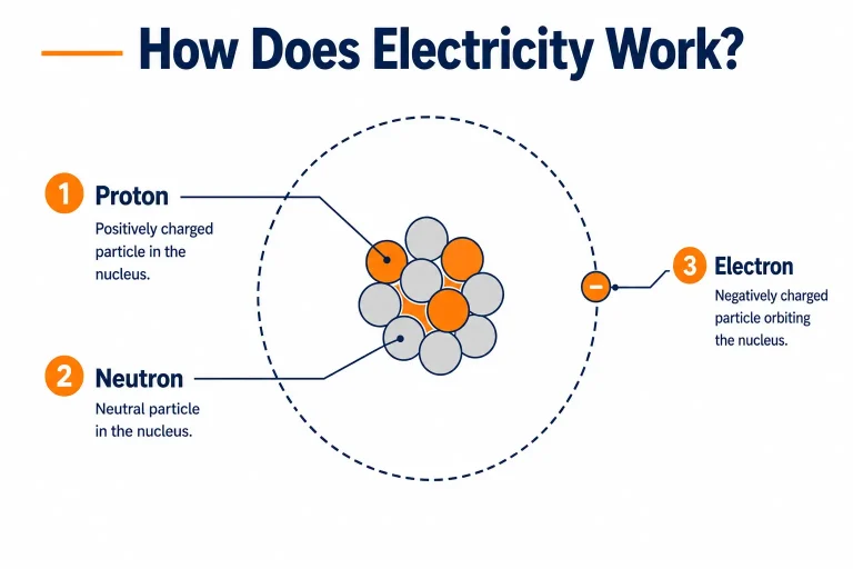 Diagram showing how electricity works at the atomic level with labeled proton, neutron, and electron.