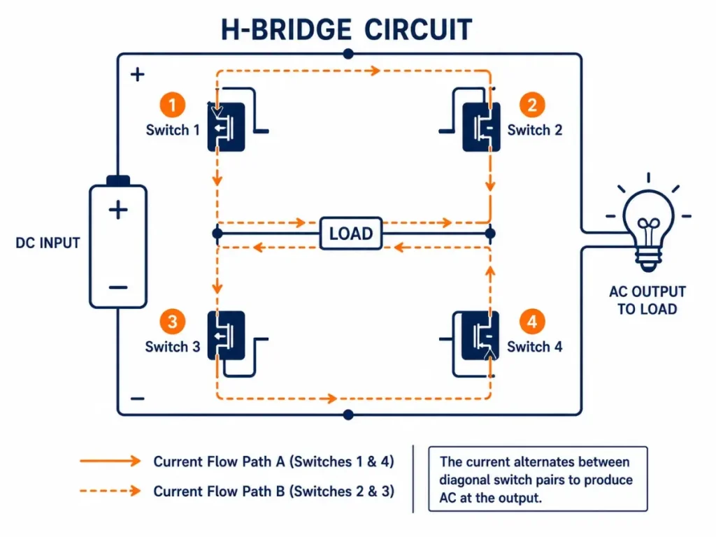 Inverter H-bridge switching circuit diagram with four transistor switches.