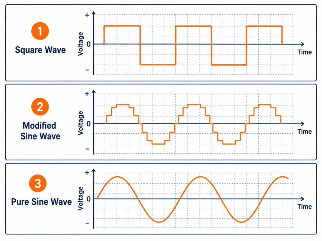 Square wave, modified sine wave, and pure sine wave comparison diagram.