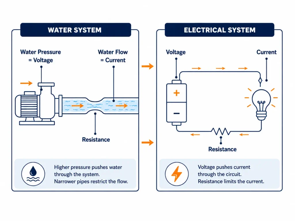 Water pipe analogy diagram showing how current flows compared to voltage and resistance.