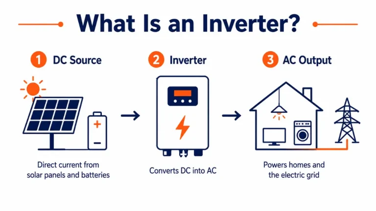 A diagram showing what an inverter is and how it converts DC energy to AC energy.
