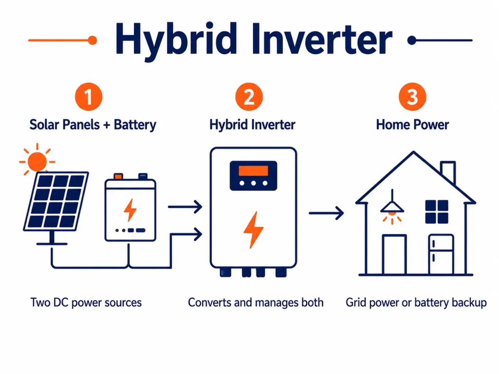 A diagram showing how a hybrid inverter manages both solar panel and battery power for a home.