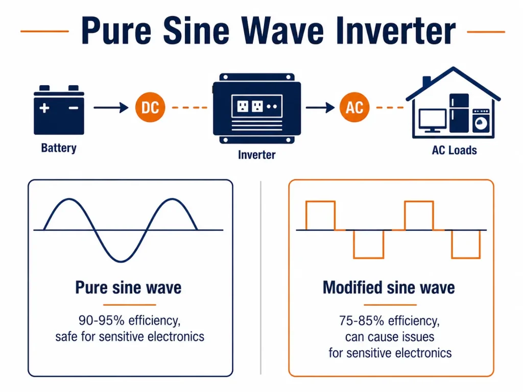 an infographic comparing pure sine wave and modified sine wave inverter output and efficiency.