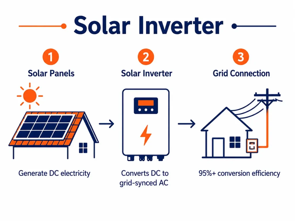 Diagram showing how a solar inverter converts DC electricity from solar panels into grid-synced AC power