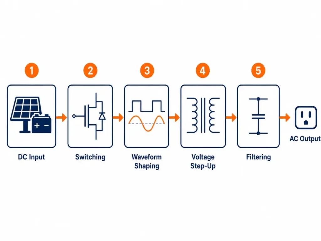 Step by step diagram of how an inverter converts DC to AC power.