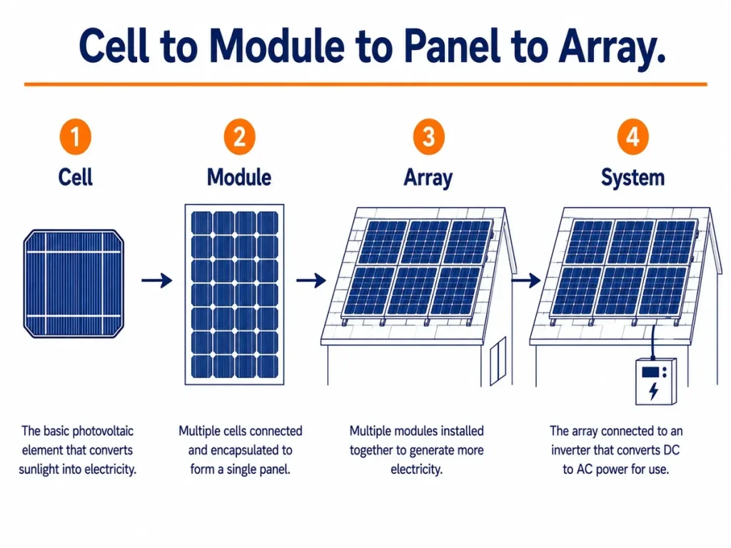 Solar cell vs module vs panel vs array explained
