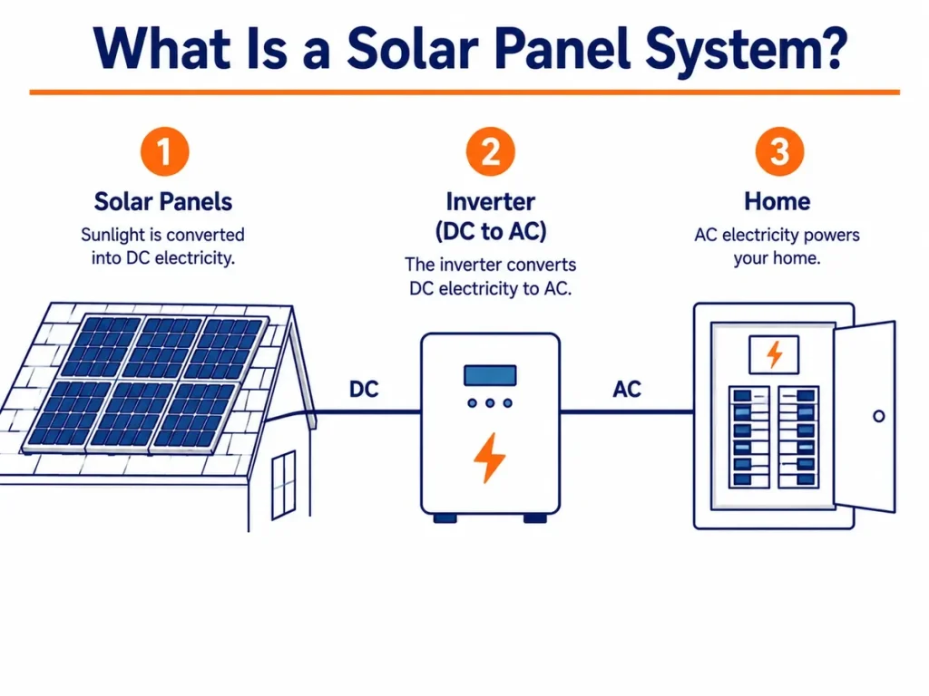 Solar panel system diagram, panel, inverter, home