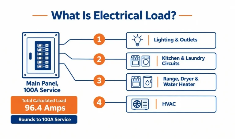 A home electrical panel split into four circuit categories, lighting, kitchen and laundry, major appliances, and HVAC, with a total calculated load of 96.4 amps rounding up to a 100A service.
