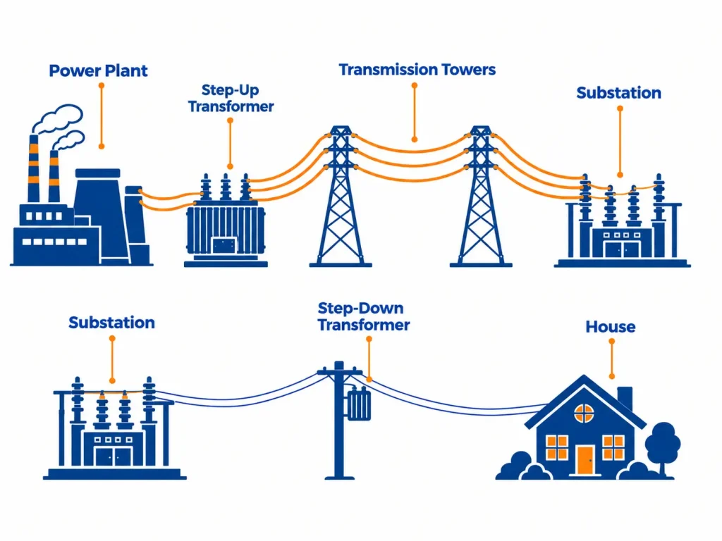 How AC electricity travels from a power plant through step-up transformer, transmission lines, substation, and final transformer to a home.