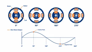 Diagram showing how a rotor spinning inside a stator produces a sine wave output in an AC generator.