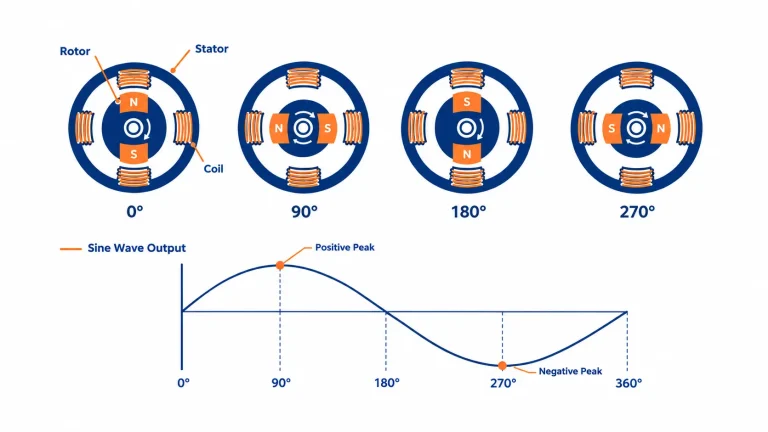 Diagram showing how a rotor spinning inside a stator produces a sine wave output in an AC generator.