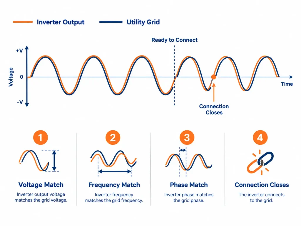 Inverter output waveform matching grid voltage, frequency, and phase before connecting,