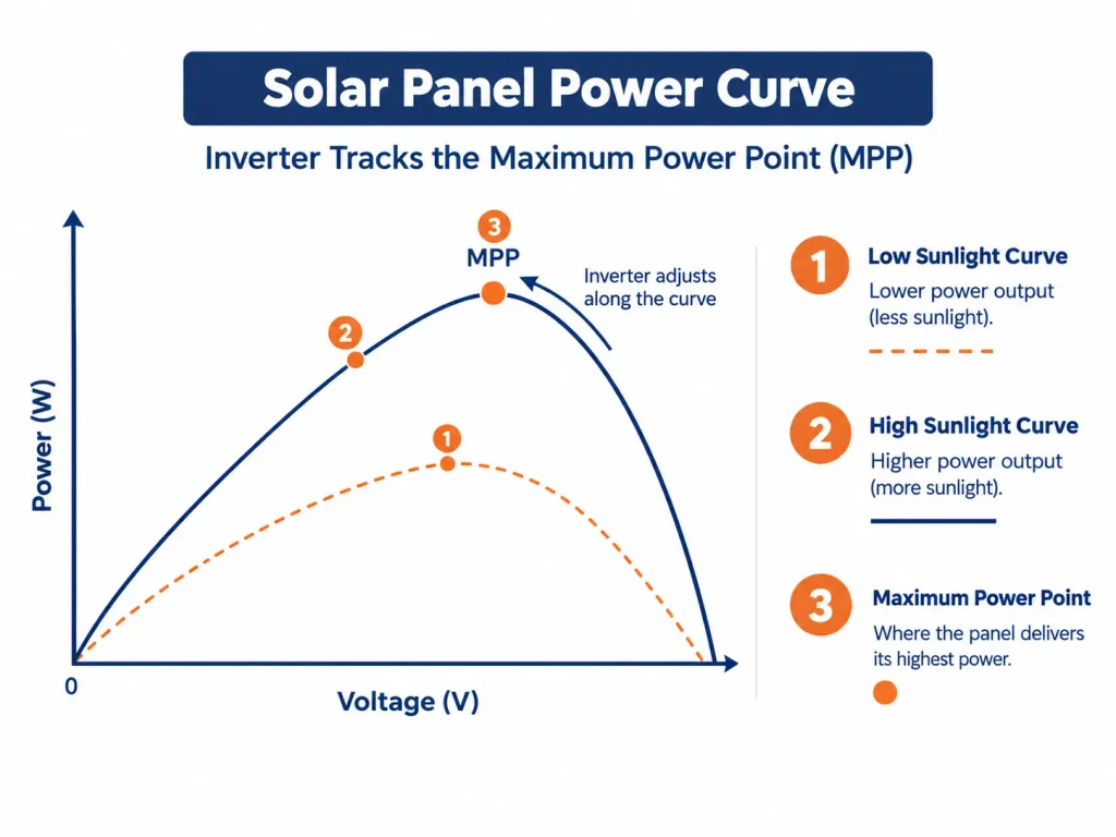 Solar panel power curve showing the maximum power point the inverter tracks.